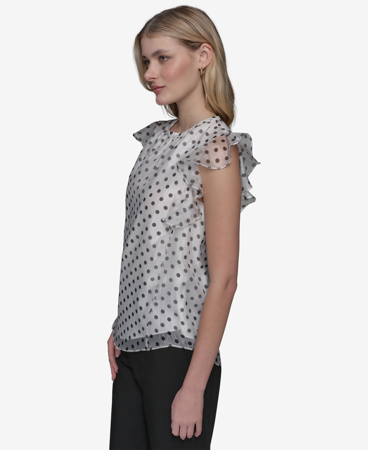 Shop Karl Lagerfeld Women's Dot-print Organza Flutter-sleeve Blouse In Black,soft White