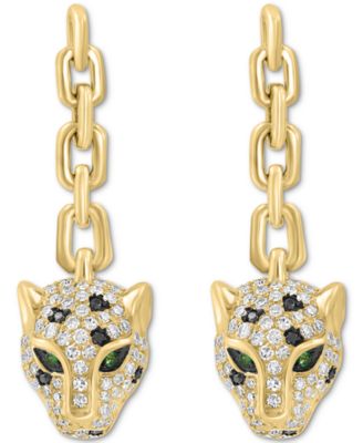EFFY&reg; White & Black Diamond (3/4 ct. t.w.) & Tsavorite Accent Jaguar Head Drop Earrings in 14k Gold