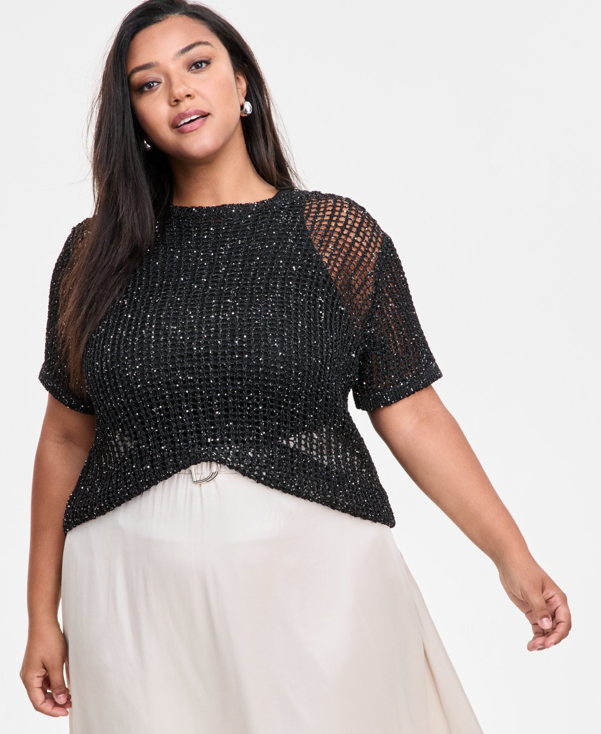 Trendy Plus Size Crochet Short-Sleeve Sweater, Exclusively at Macy's - Deep Black