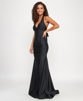 Juniors' Ruched Tie-Back Halter Gown