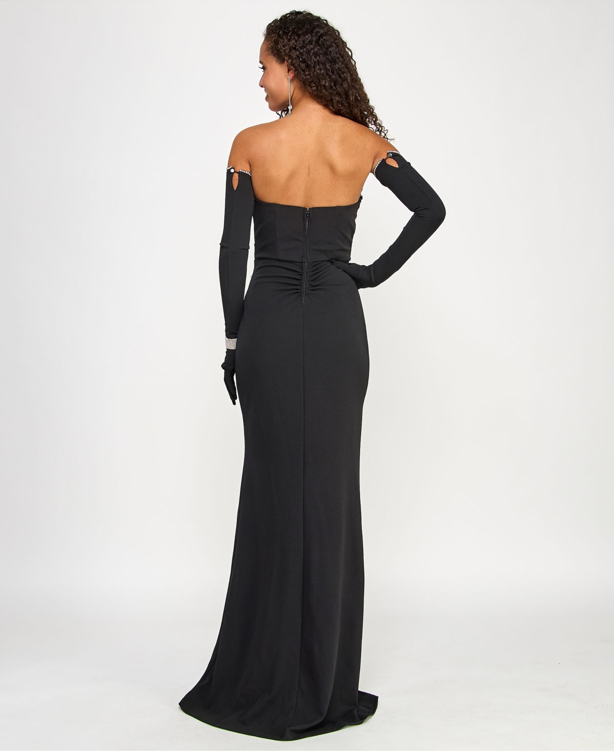 Emerald Sundae Juniors' Rhinestone-trim Strapless Gown With Gloves In Black