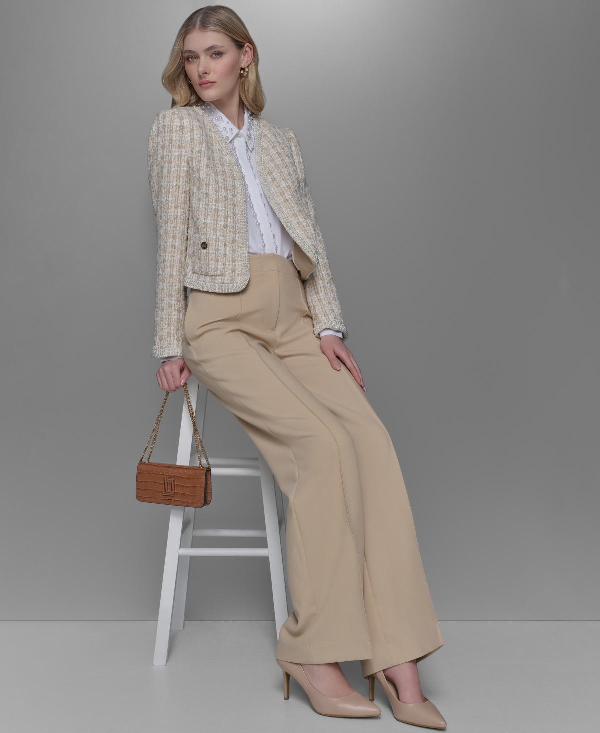 Karl Lagerfeld Women's Cropped Tweed Open-front Jacket In Buff Metallic