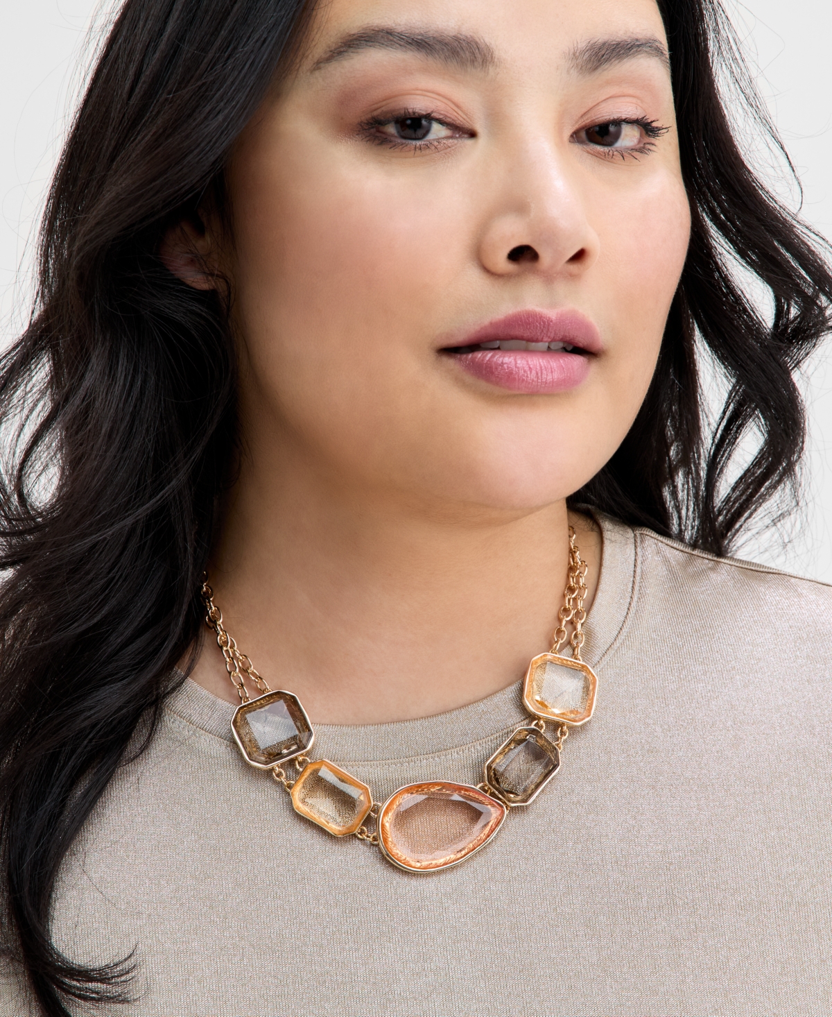 Inc International Concepts Gold-tone Mixed Stone Double Chain Statement Necklace, 16" + 3" Extender, Exclusively At Macy's In Beige