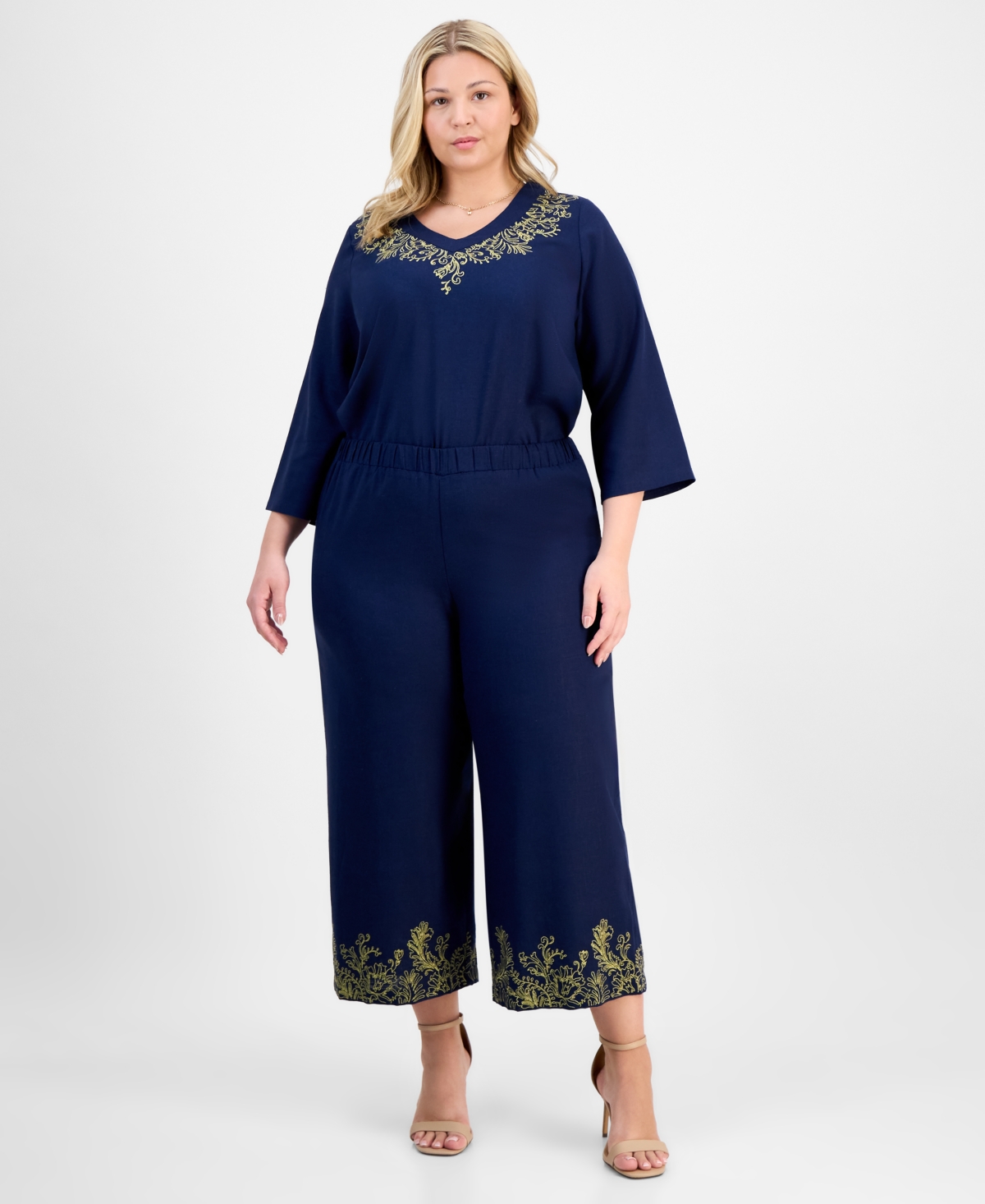 Plus Size Metallic Embroidered-Hem Capri Pants, Exclusively at Macy's - Intrepid Blue