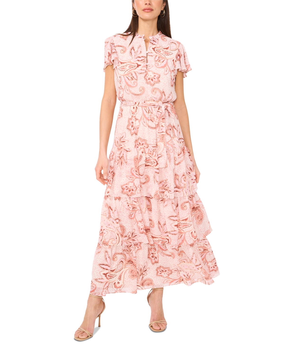 Women's Tiered Floral Flutter-Sleeve Maxi Dress - Melon Floral