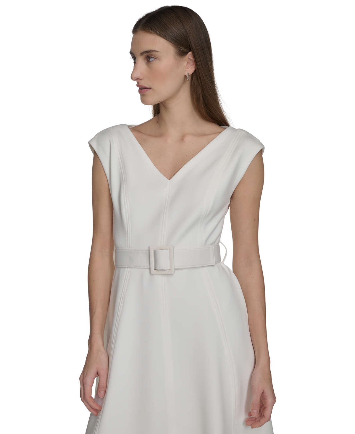 Calvin Klein Women's V-neck Belted A-line Scuba Dress In Cream