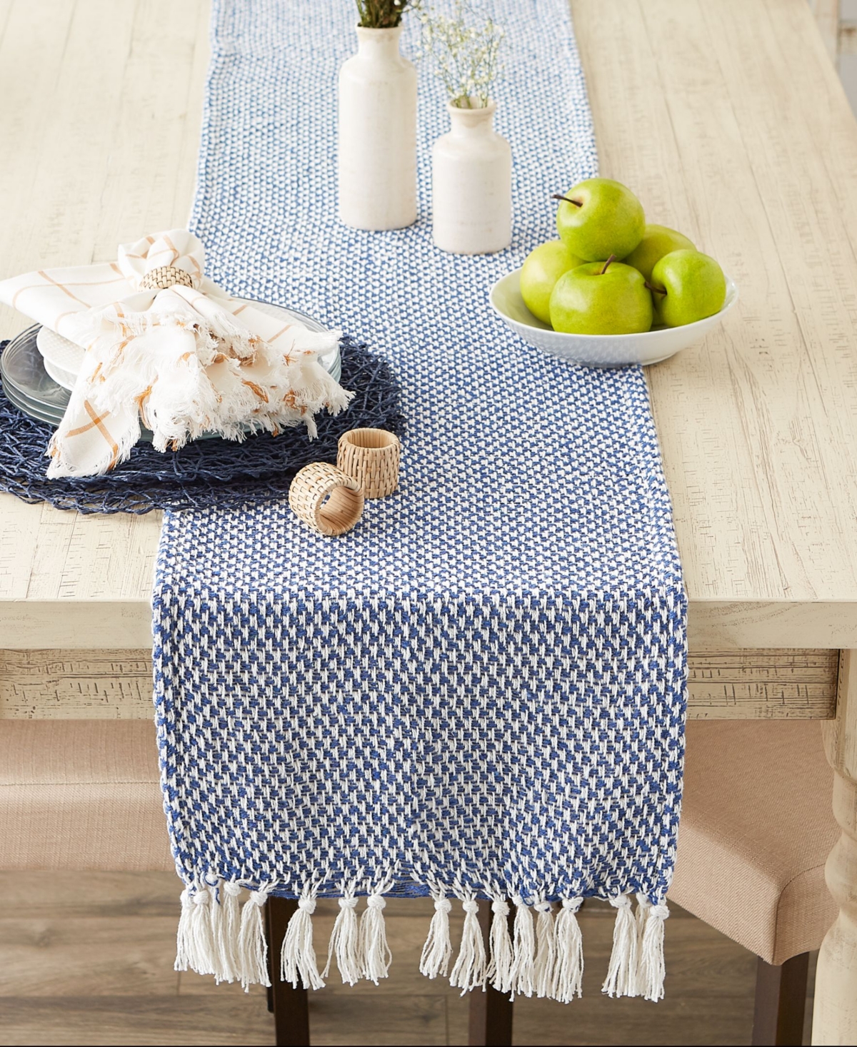 Design Imports Woven Jacquard Fringe Table Runner, 15" X 72" In Nautical Blue