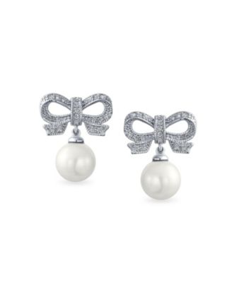 Victorian Dangle Chandelier Earrings with Ribbon CZ and Simulated Pearl Bow