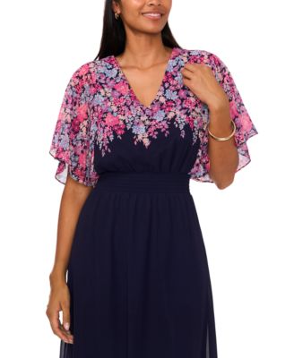 Women's Chiffon Smocked-Waist Floral-Print Dress