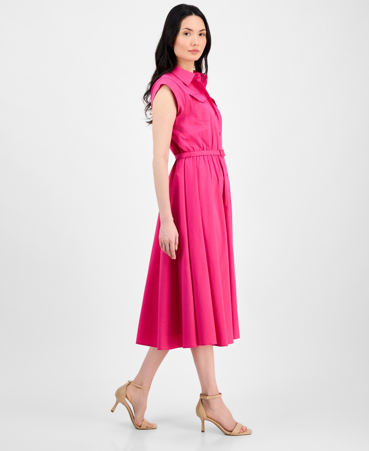 T Tahari Women's Spread-collar Button-front Midi Dress In Tulip Pink