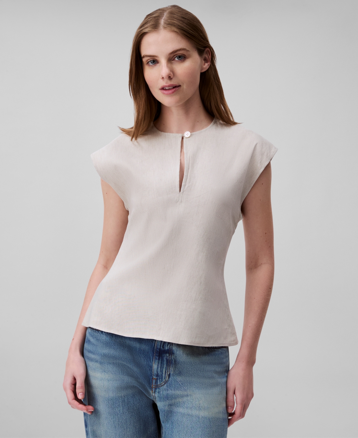 Calvin Klein Women's Linen Blend Cap-sleeve Keyhole Top In Tofu