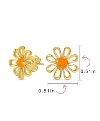 Orange Fire Opal Daisy Flower Stud Earrings 14K Gold Sterling Silver