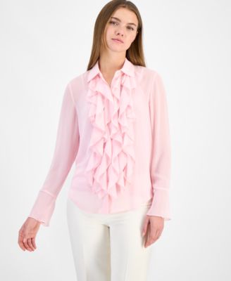 Anne Klein - Women's Long-Sleeve Waterfall-Ruffle Blouse