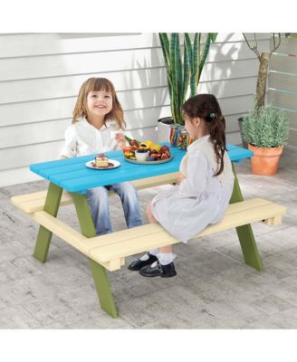 Kids Wooden Picnic Table Set Solid Dining Table with Built-in Benches for Patio