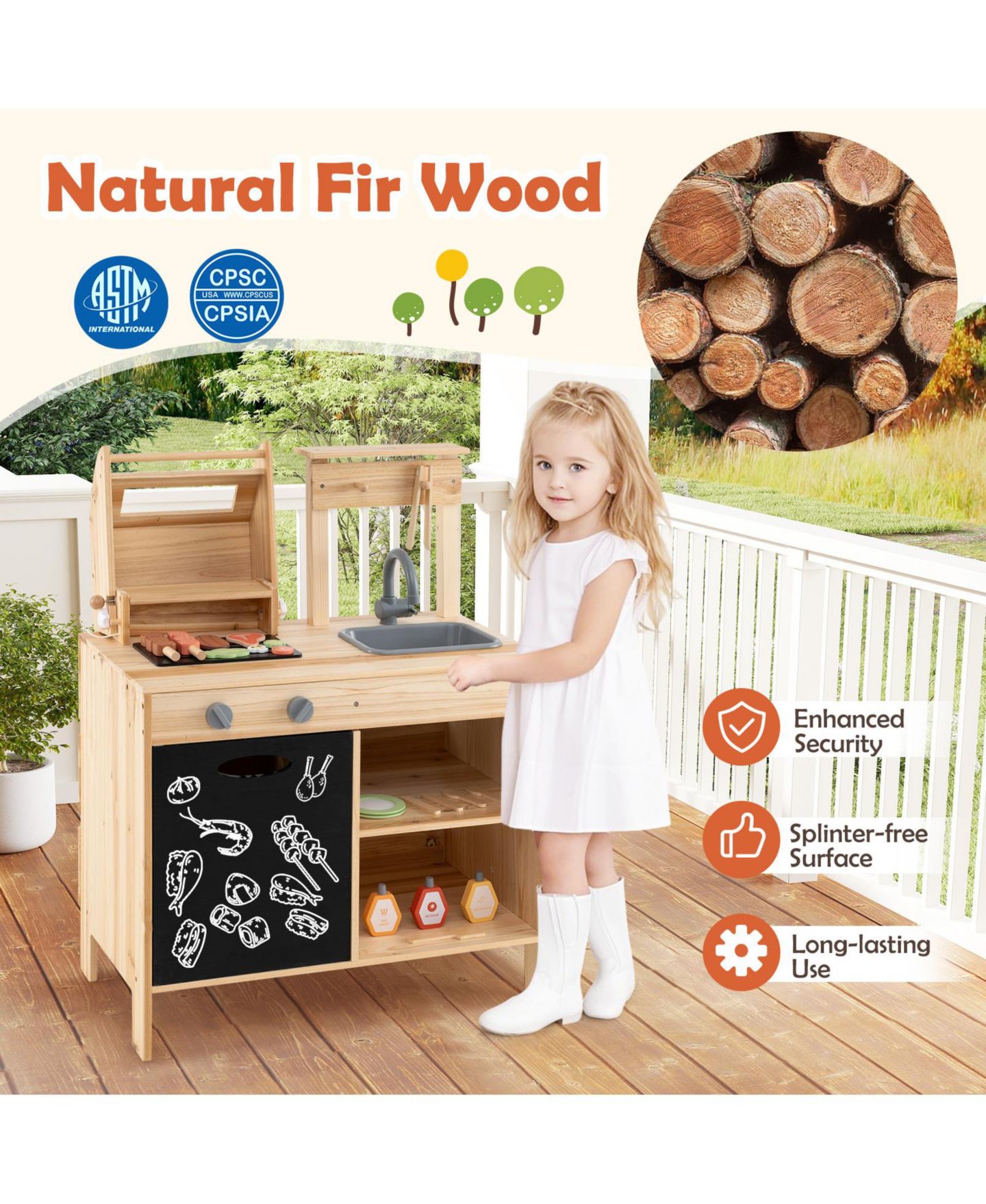 Детский игровой набор Slickblue Chalkboard Sink Barbecue Grill Playset, от 3 лет, цвет: Натуральный — фото 3