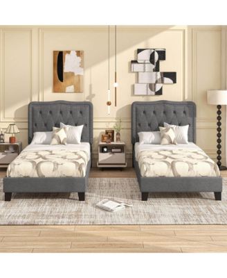 Twin Size Bed Frame with 46" Tall Button Tufted Headboard Wooden Slats Support