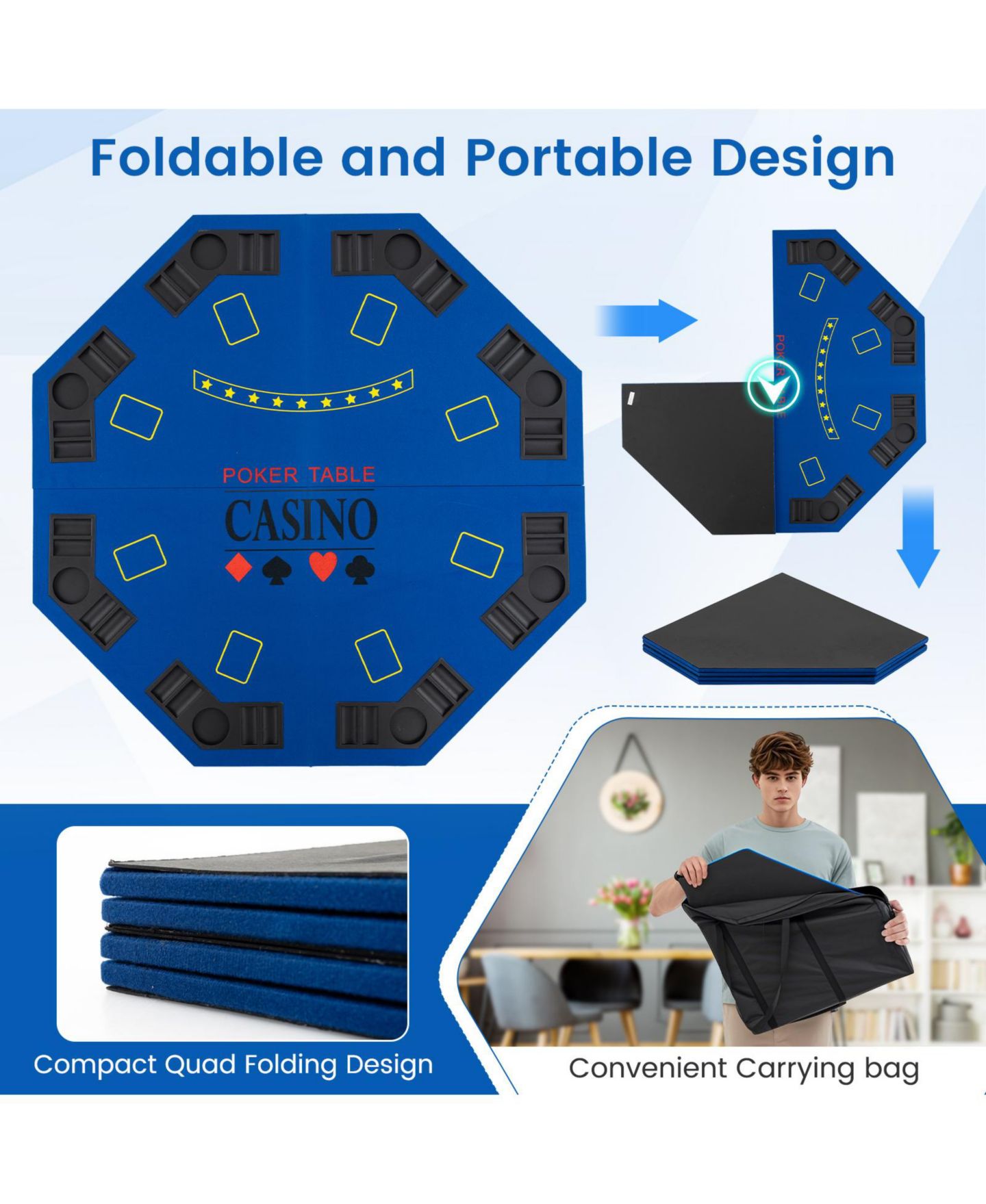 Детские игрушки Slickblue Portable 10 Player Poker Table Top with 84 x 42 Inch Padded Surface, цвет: Синий — фото 8