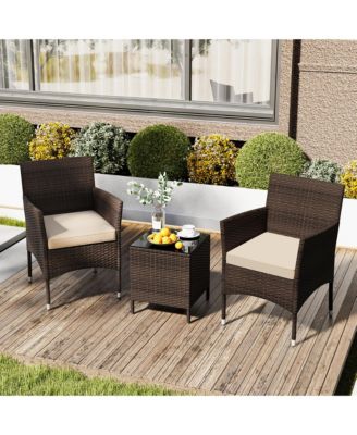 3 PCS Outdoor Conversation Set w/ Cushioned Seat & Tempered Glass Tabletop