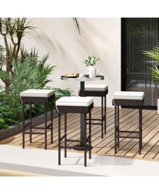 Patio Rattan Barstools Set of 4 with Footrest and Soft Cushions for Backyard Balcony