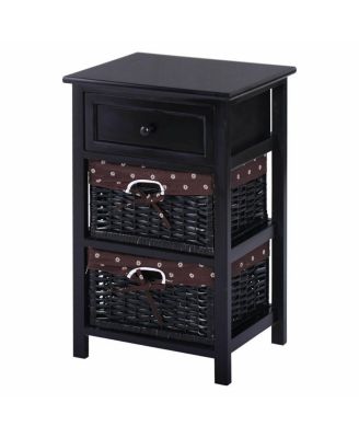 3 Tier Set of 2 Wood Nightstand with 1 and 2 Basket Drawer