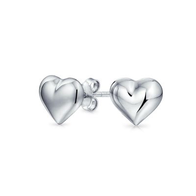 Romantic Puff Heart Shape Stud Earrings Plain Polished .925 Sterling Silver