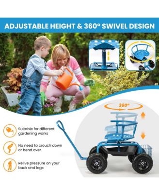 Rolling Garden Cart Height Adjustable Scooter with Swivel Seat & Tool Storage