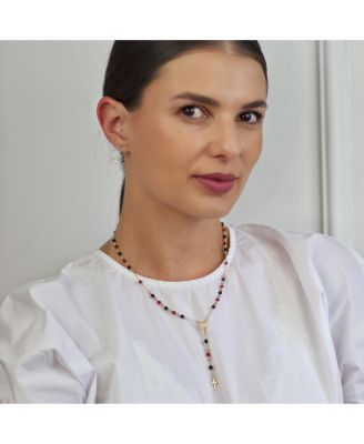 Religious Red Black Bead Rosary Necklace with Virgin Mary and Crucifix Cross