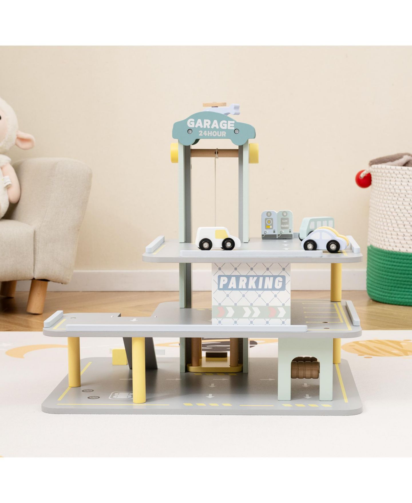 Детский игровой набор Slickblue Parking Garage Playset with 4 Cars & Helicopter Fun Toy for Kids, цвет: Серый — фото 2