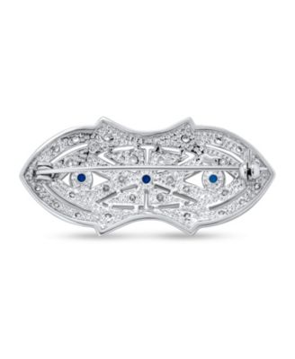 Art Deco Brooch Pin with Blue CZ Cubic Zirconia Rhodium Plated
