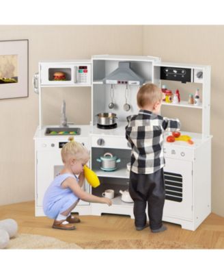 Pretend Play Wooden Kitchen Toy Set with Range Hood Real Sounds and Lights for Kids