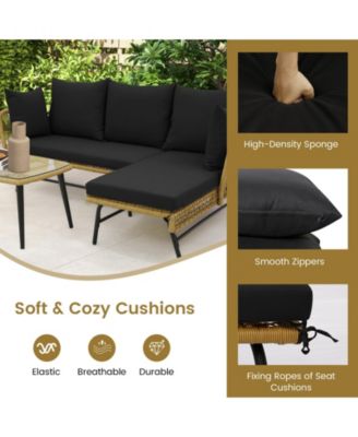 3 Pieces L-Shaped Patio Sofa with Cushions and Tempered Glass Table