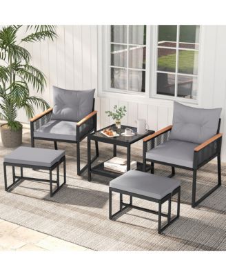 5 Piece Patio Conversation Set PE Rattan Wicker Chairs w/ 2 Ottomans Soft Cushions