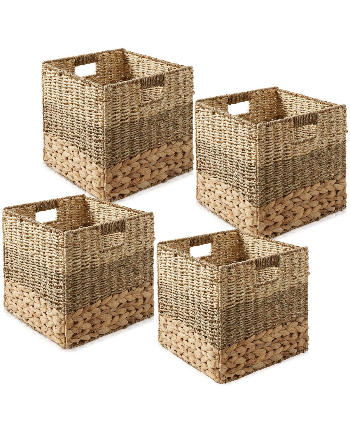 10.5&#x22; x 10.5&#x22; Mixed Weave Storage Baskets, Natural - Set of 4 Collapsible Cubes, Woven Bin Organizers for Bathroom, Bedroom, Laund
