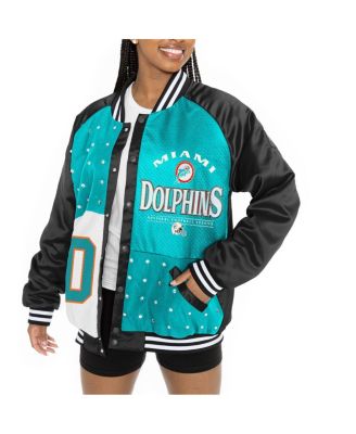 Women's Black/Aqua Miami Dolphins Oversized Hot Shot Rhinestone Throwback Full-Snap Varsity Bomber Jacket
