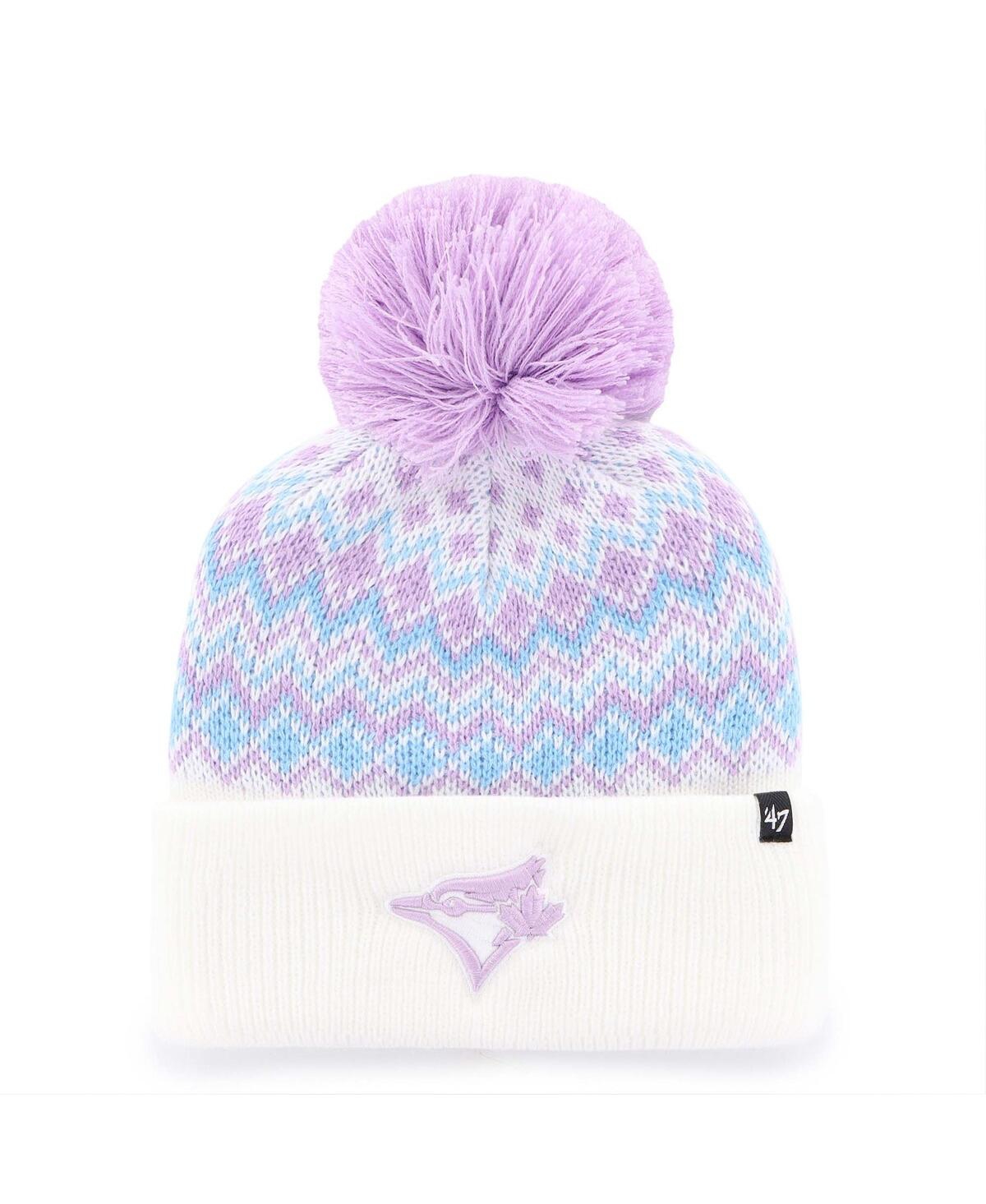 47 Brand Big Girls White Toronto Blue Jays Elsa Cuffed With Pom Knit Hat In White