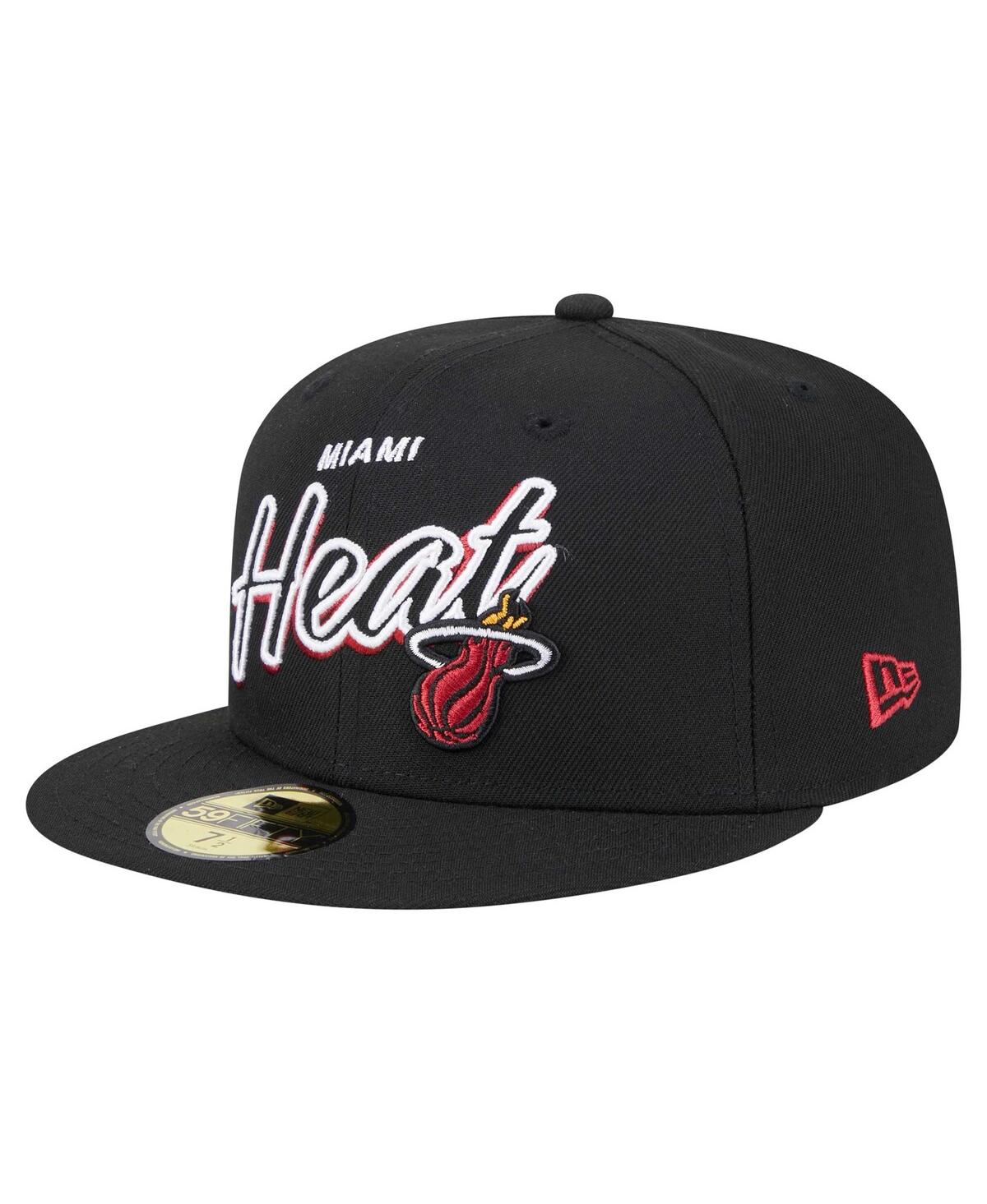 Shop New Era Men's Black Miami Heat Sport Night Script Sided 59fifty Fitted Hat