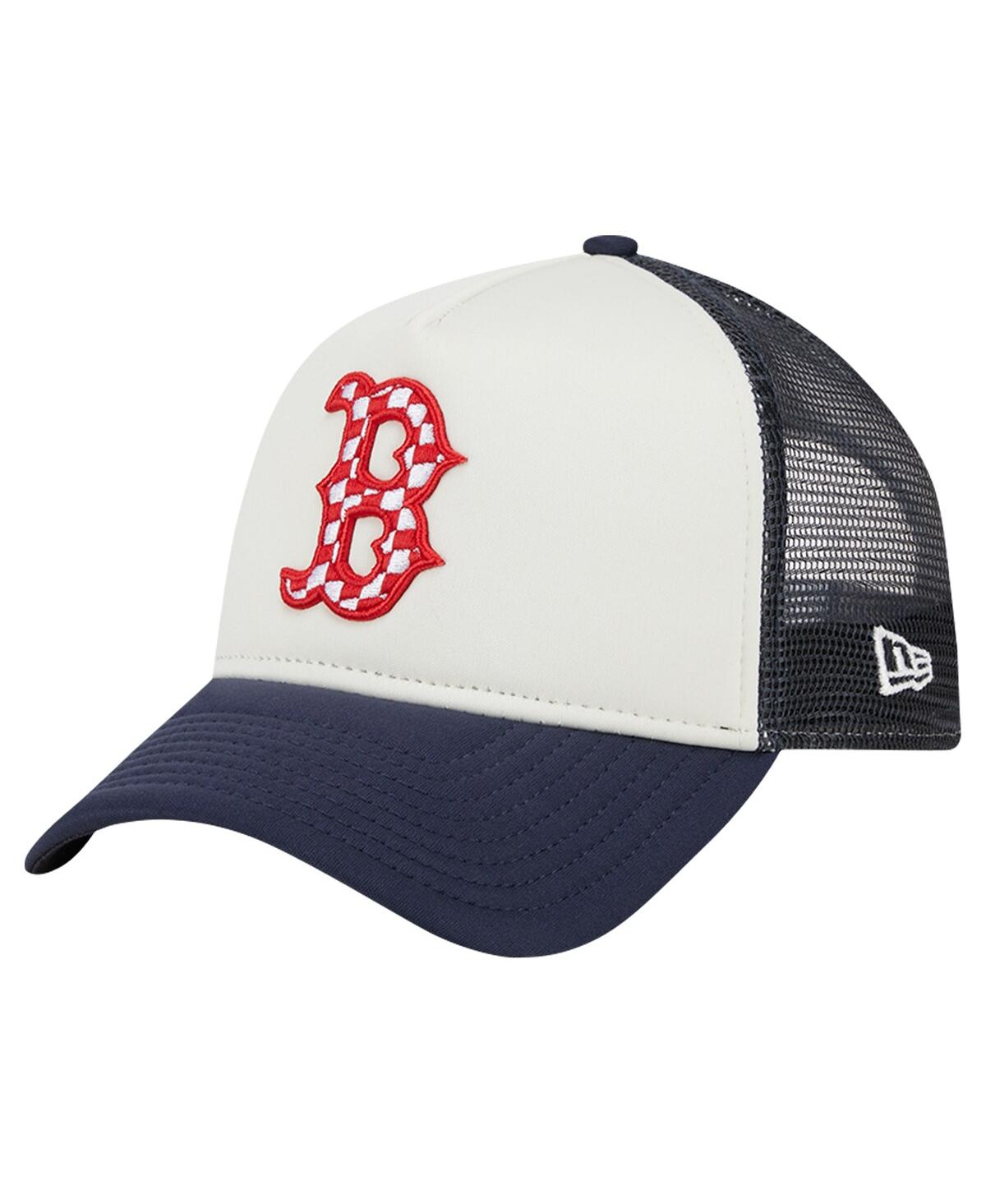 NEW ERA MEN'S WHITE/NAVY BOSTON RED SOX CHECKERED FLAG A-FRAME TRUCKER 9FORTY ADJUSTABLE HAT 