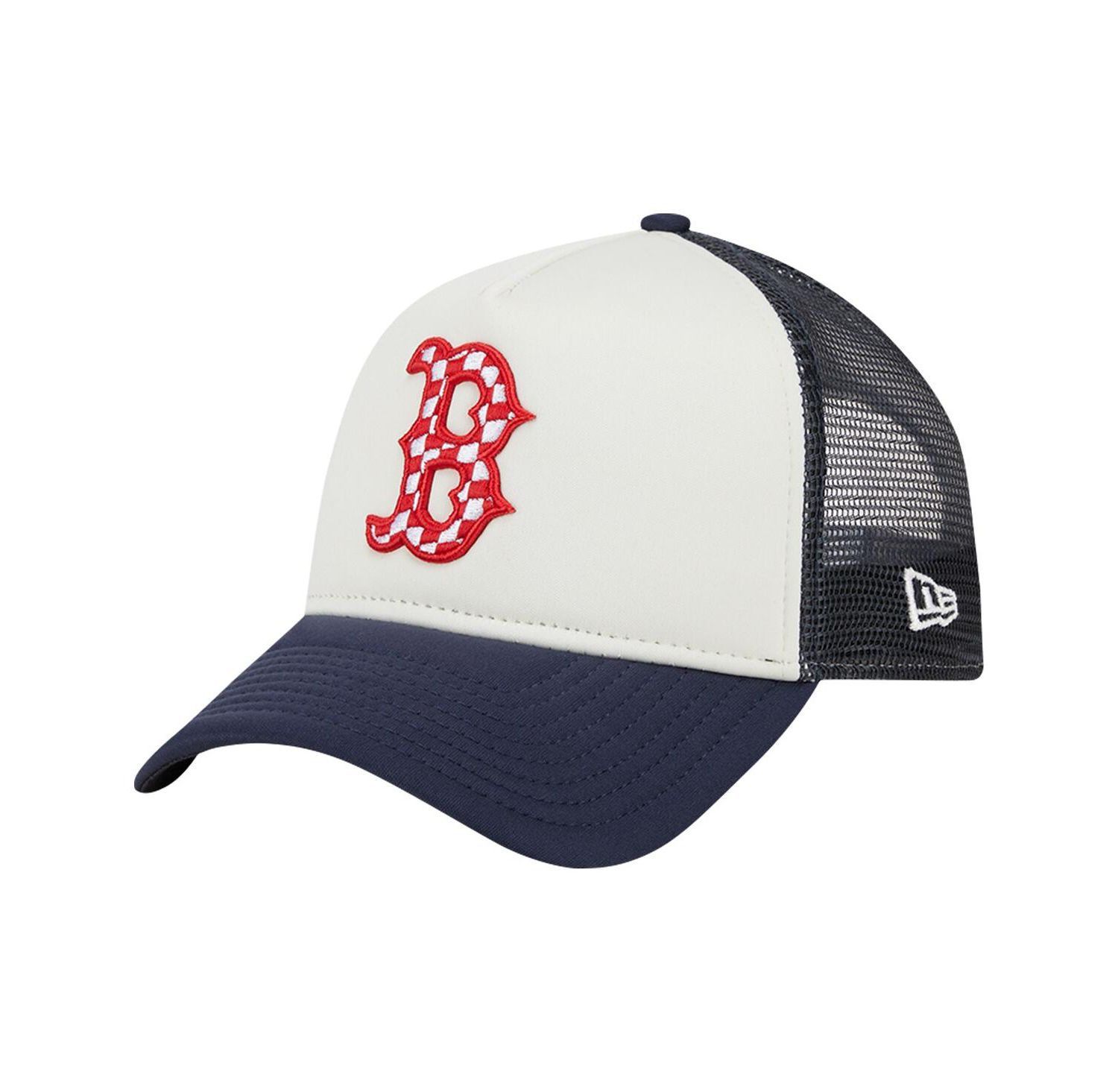 Men's White/Navy Boston Red Sox Checkered Flag A-Frame Trucker 9FORTY Adjustable Hat