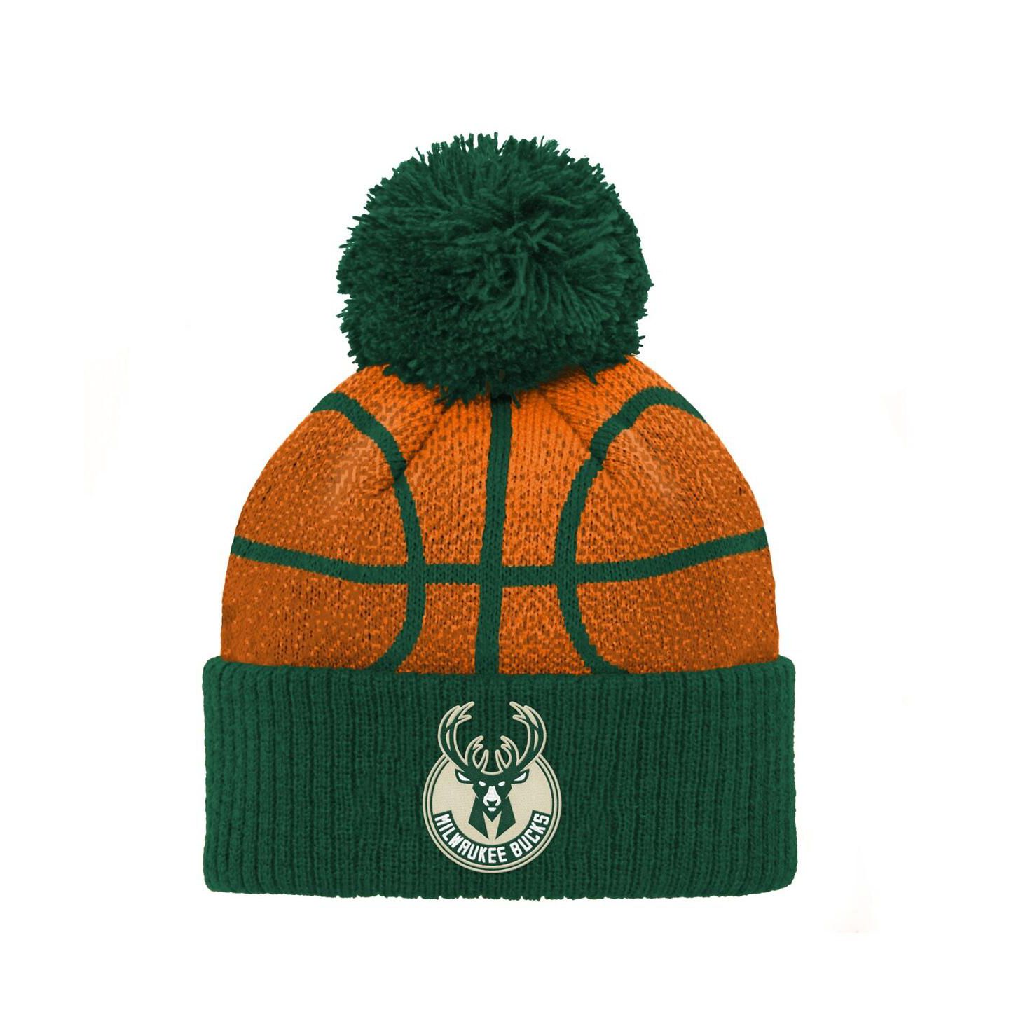 Детская шапка Outerstuff Preschool Hunter Green Milwaukee Bucks Basketball Head Cuffed with Pom Knit Hat — фото 1