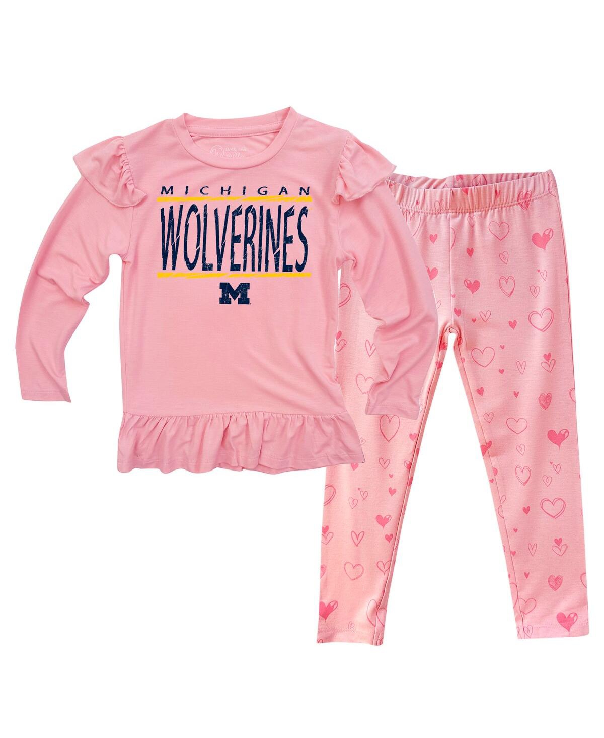 Wes & Willy Baby Boys And Girls Pink Michigan Wolverines Heart Print Ruffle Long Sleeve T-shirt And Pants Sleep  In Pink