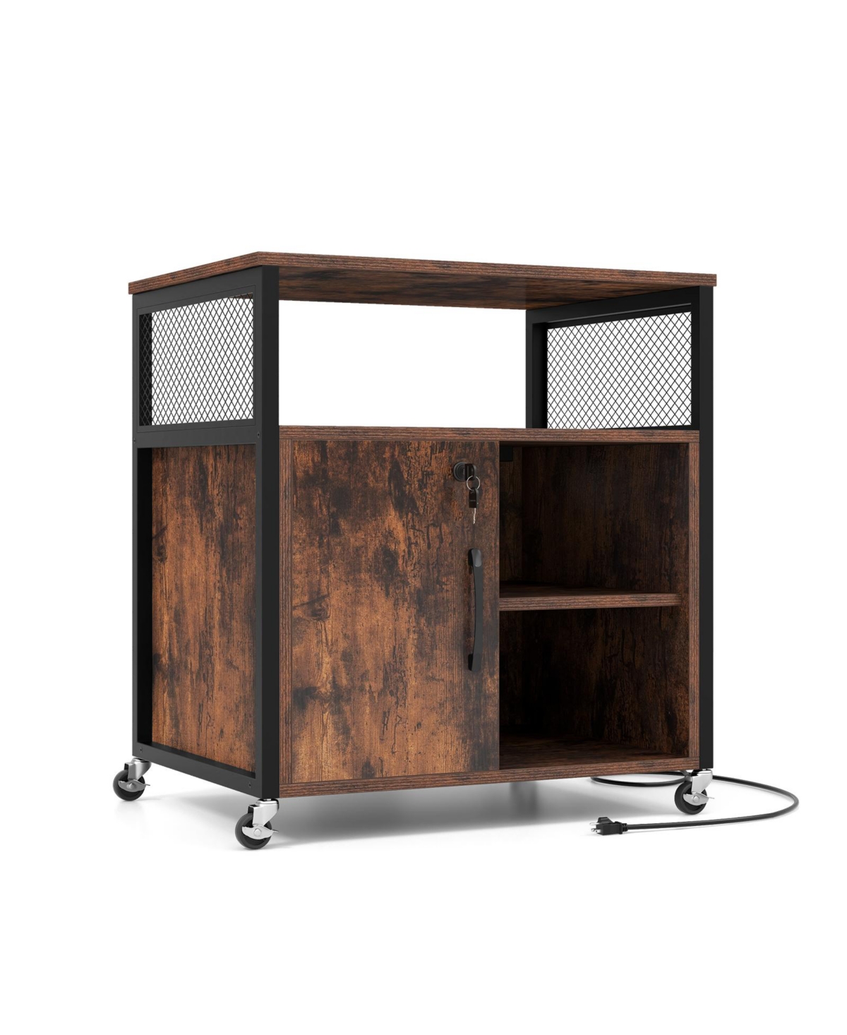 File Cabinet on Wheels with Charging Station and Cable Management Hole for Organized and Convenient Office Storage - Brown