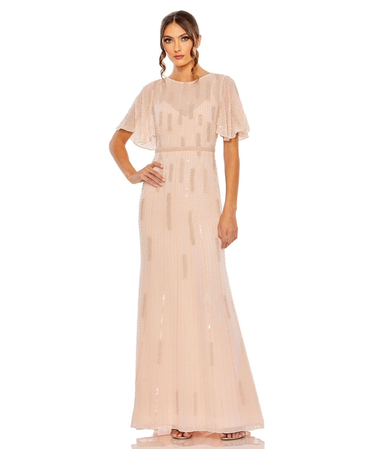 Women's High Neck Flutter Sleeve Embellished Gown - Rose