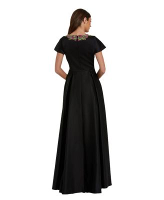 Women's Satin Flutter Sleeve Gown With Neckline Beading