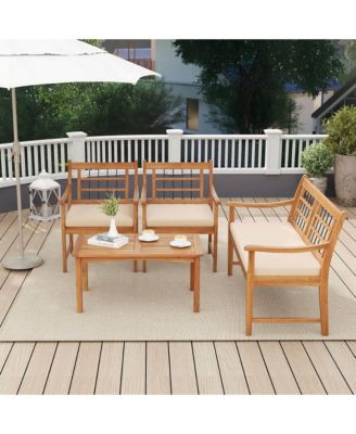 4 PCS Wood Patio Furniture Set with Soft Seat Cushions Solid Acacia Wood Frame
