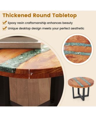 24" Round Teak Wood End Table with Epoxy Resin Tabletop Mahogany Base for Patio