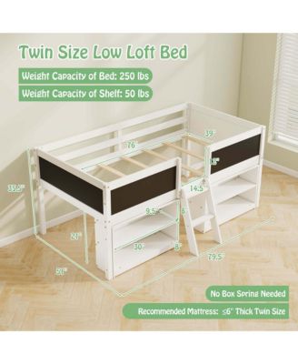 Twin Size Low Loft Bed with Ramp Ladder & Bookcases Full-length Safety Guardrail