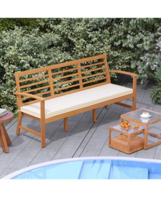 Patio Wood Bench with Seat Cushion and Slatted Seat for Backyard