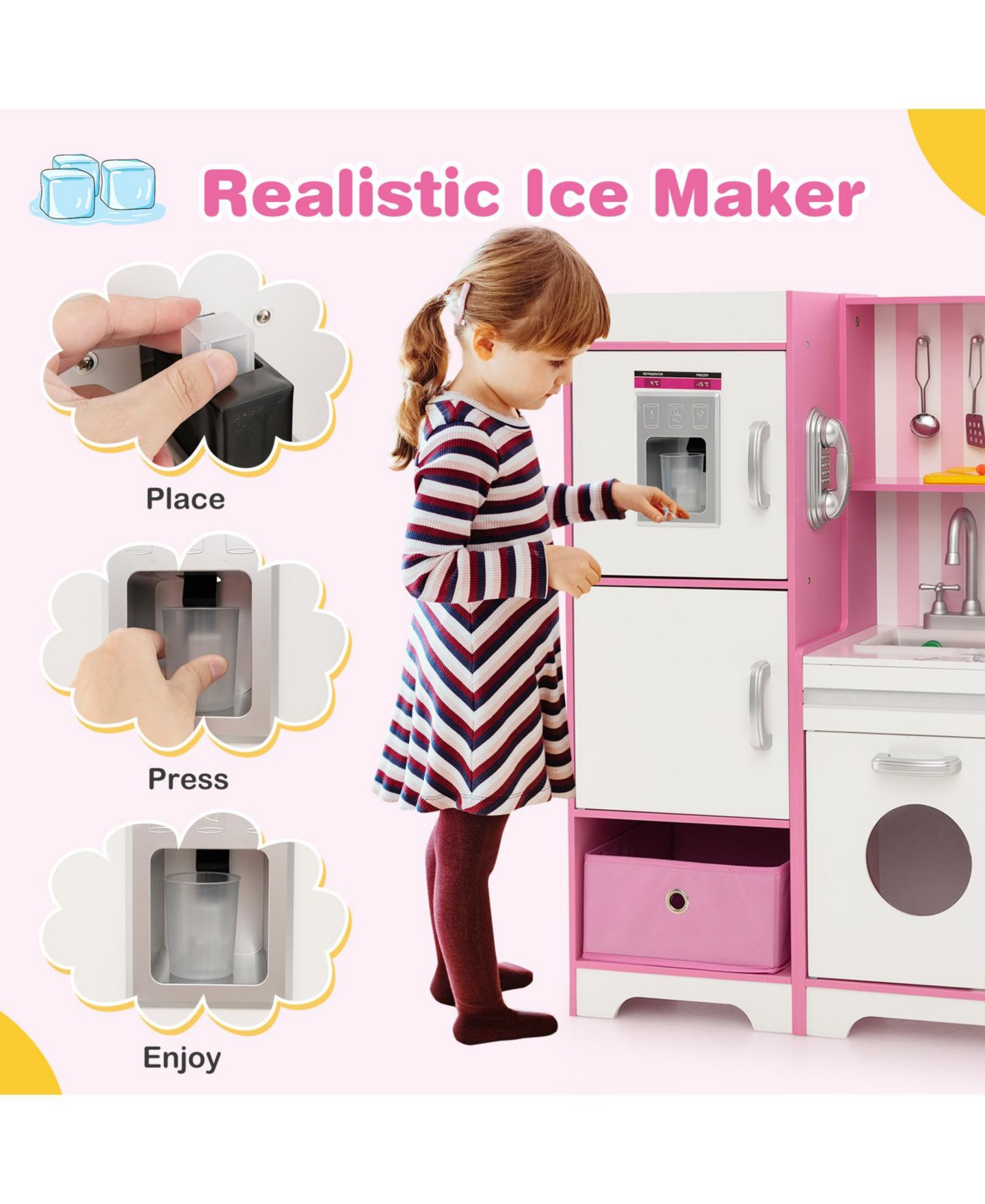 Детский игровой набор Slickblue Adjustable LED Lights & Washing Machine Kitchen Playset, Ages 3-7, цвет: Белый / Розовый — фото 5