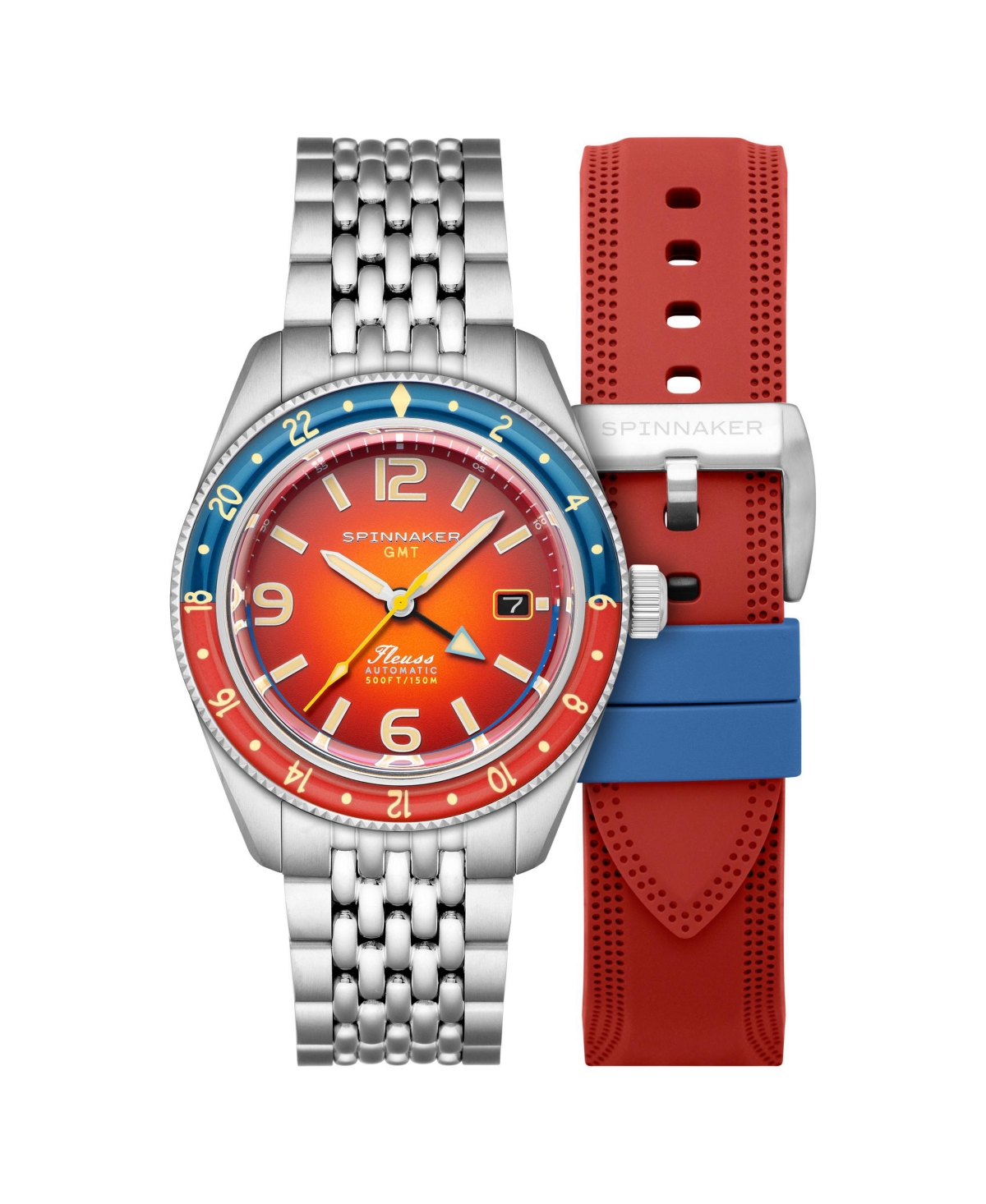 Men's Fleuss Gmt Automatic Solid Stainless Steel Bracelet Watch, 43mm - Red