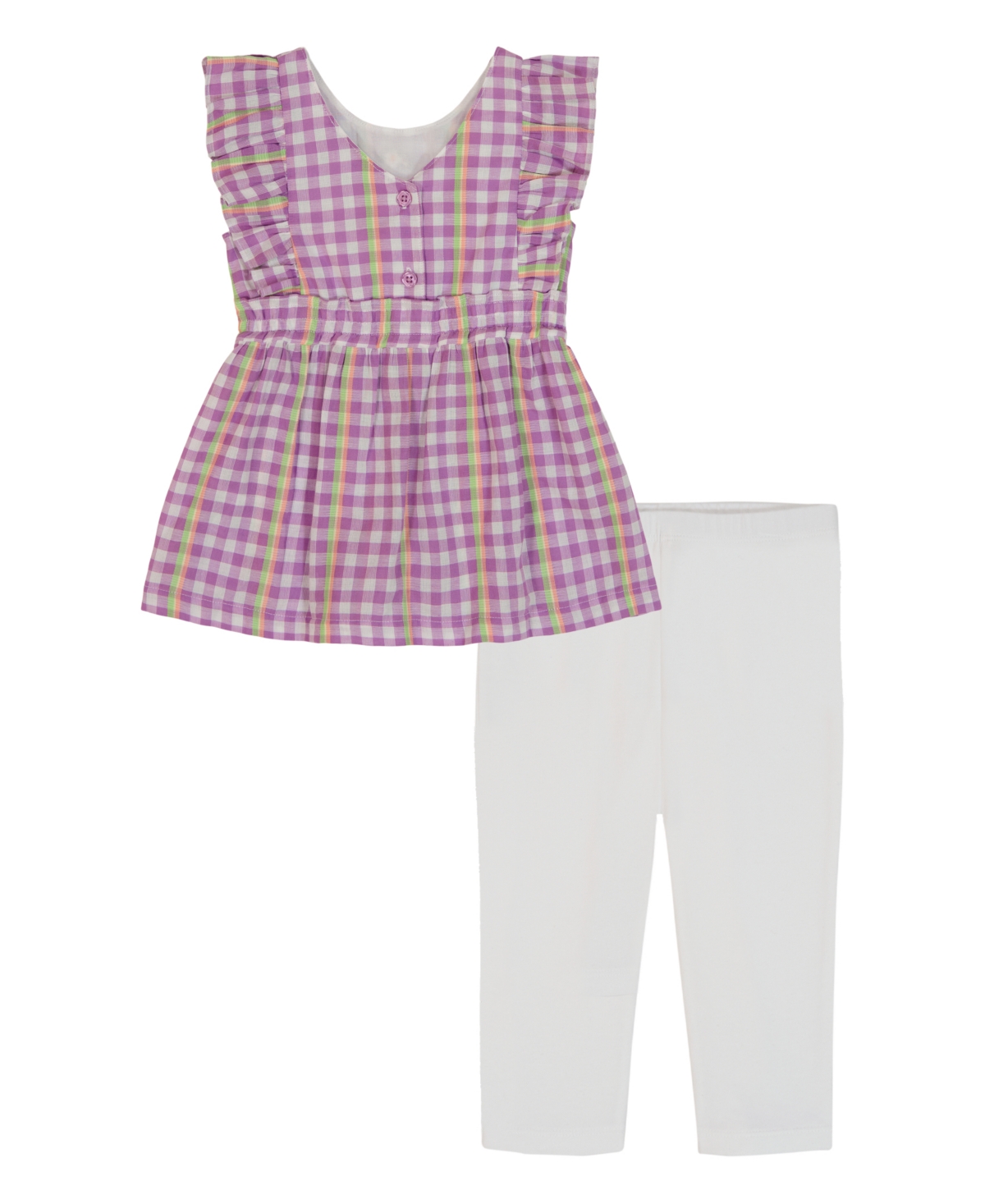 KIDS HEADQUARTERS TODDLER AND LITTLE GIRLS 2-PIECE GINGHAM APRON TUNIC TOP AND CAPRI LEGGING SET 